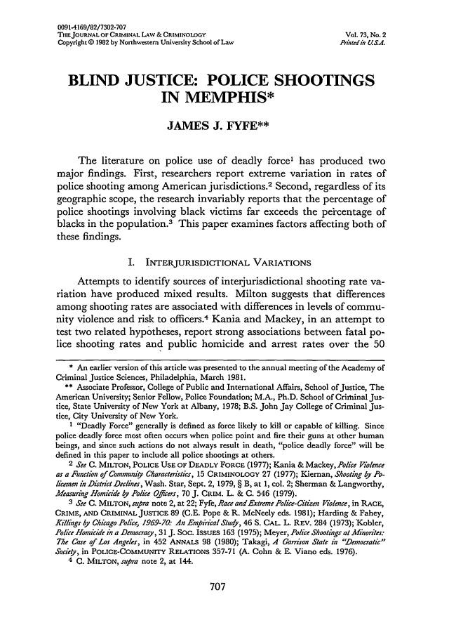 Blind Justice Police Shootings in Memphis Criminology 73 Journal of