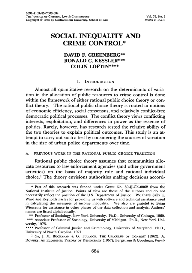 Social Inequality and Crime Control Criminology 76 Journal of Criminal