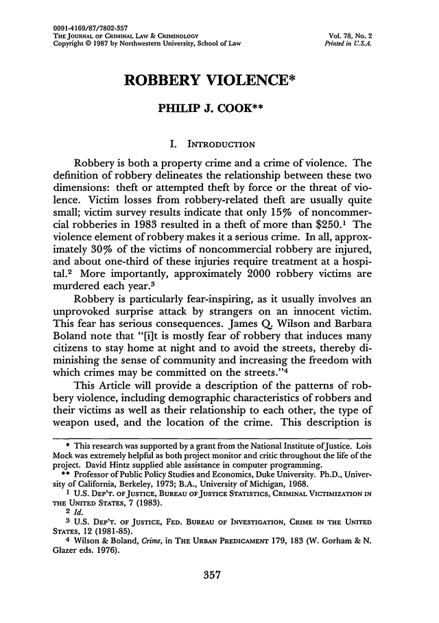 Robbery Violence Symposium on Stranger Violence 78 Journal of Criminal