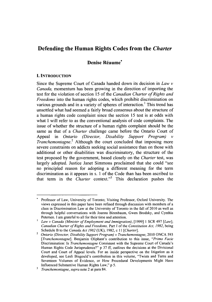 Defending The Human Rights Codes From The Charter Human Rights