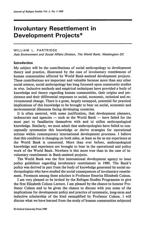 Involuntary Resettlement in Development Projects 2 Journal of Refugee