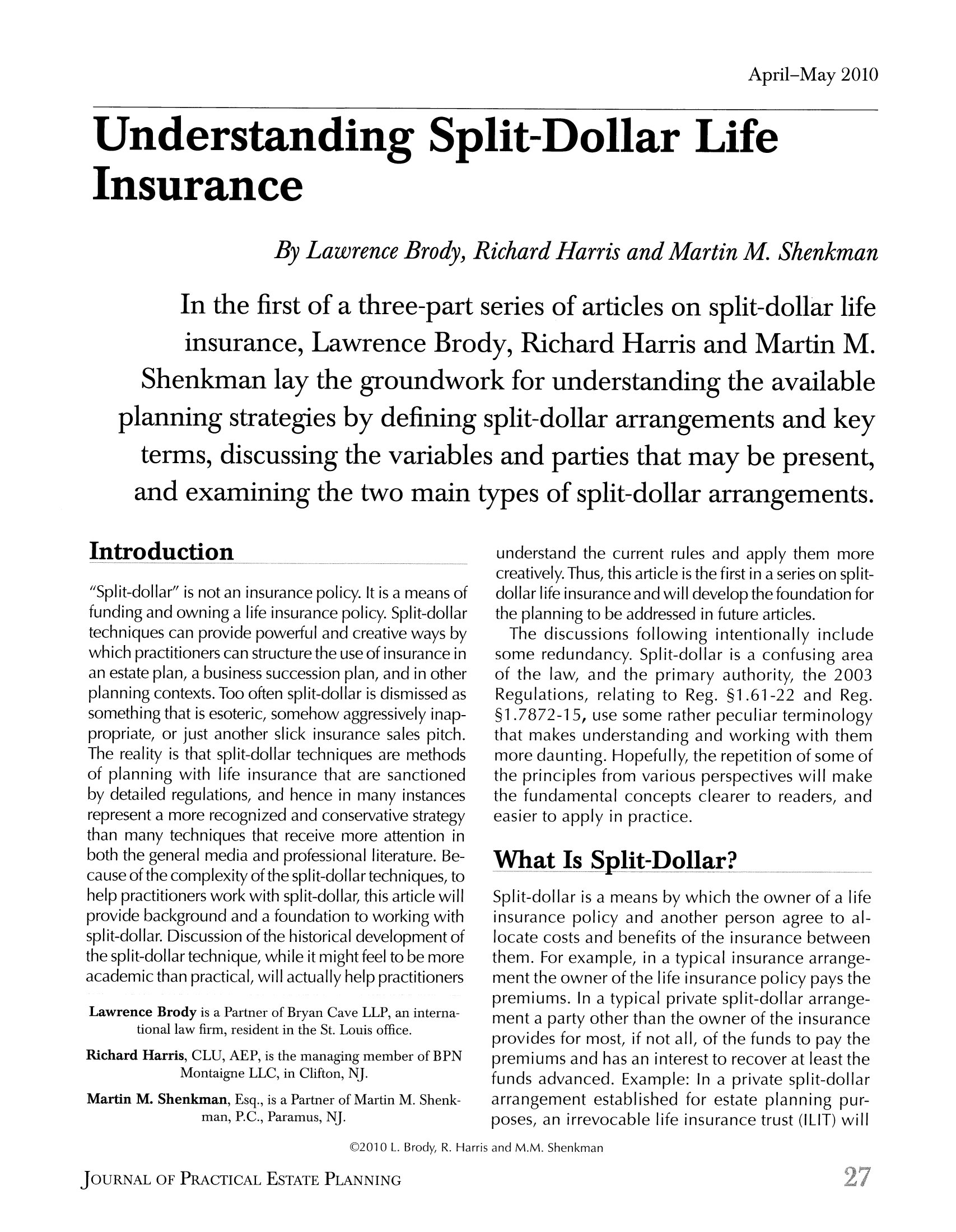 Understanding Split-Dollar Life Insurance 12 Journal of ...