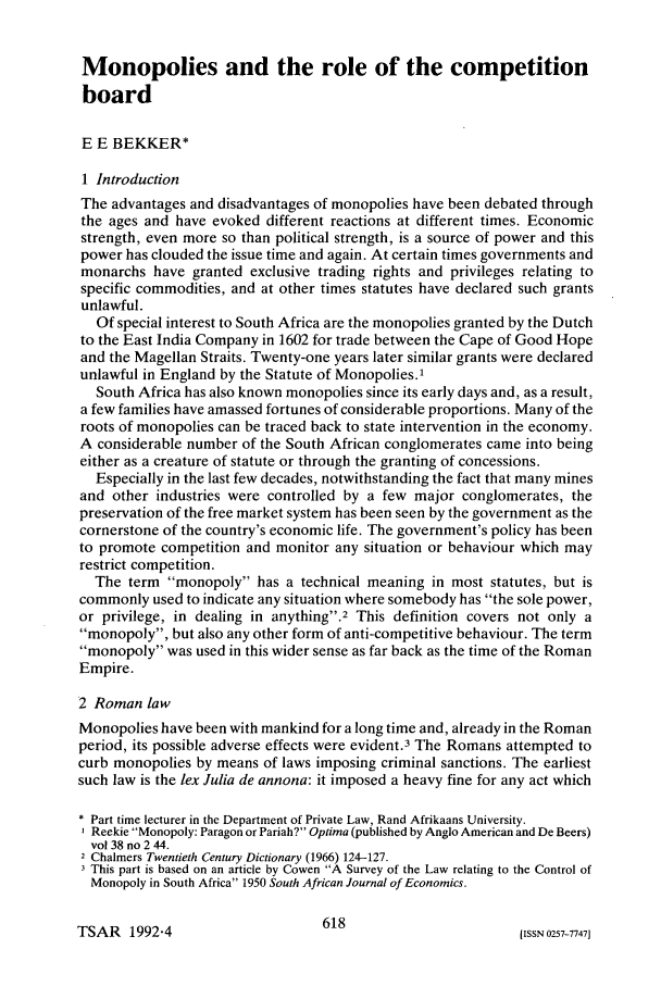 Monopolies and the Role of the Competition Board 1992 Journal of South