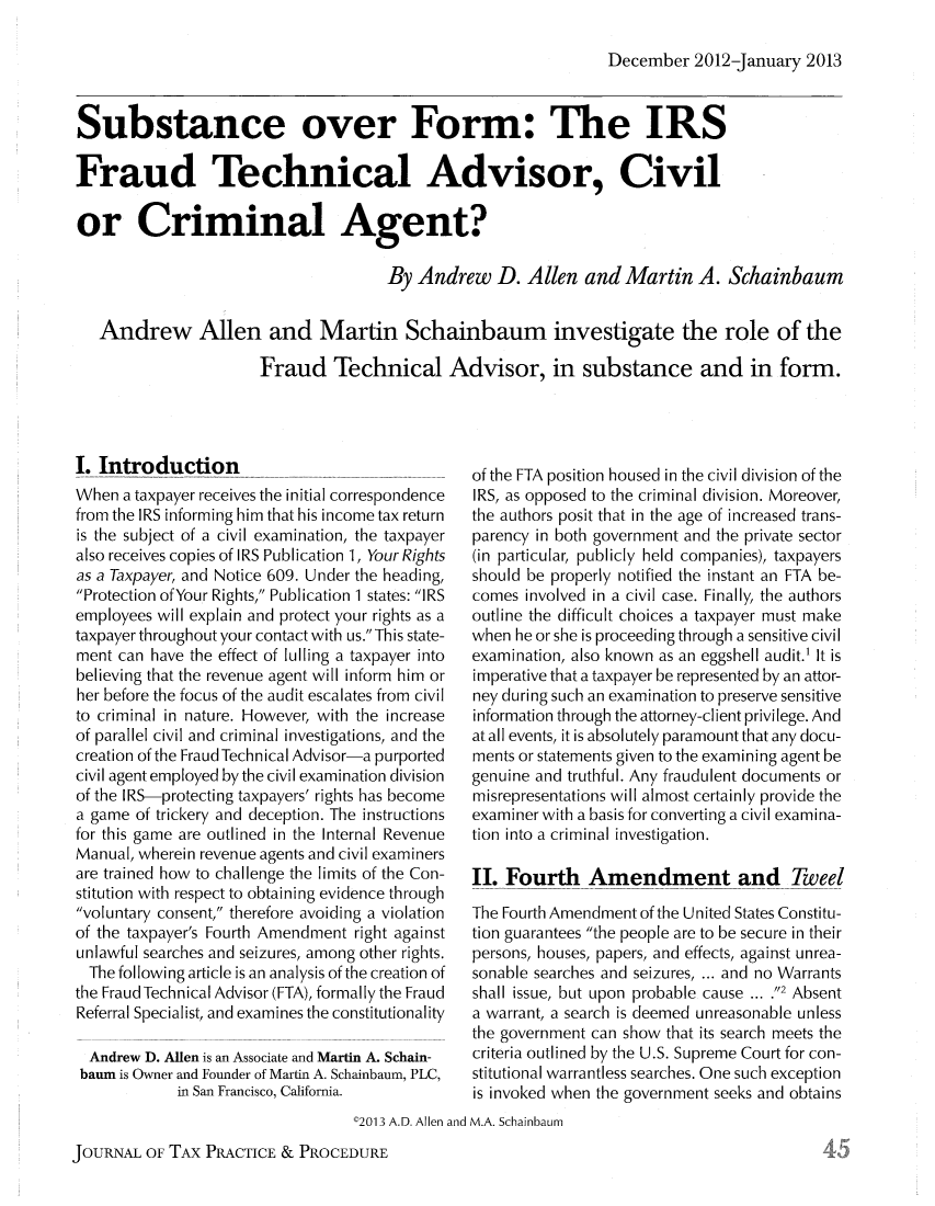 Substance Over Form The Irs Fraud Technical Advisor Civil Or Criminal Agent 14 Journal Of Tax Practice And Procedure 2012 2013