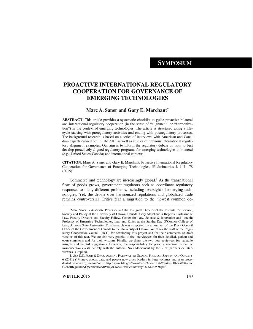 Proactive International Regulatory Cooperation For Governance Of Emerging Technologies Symposium Governance Of Emerging Technologies Law Policy And Ethics 55 Jurimetrics 14 15