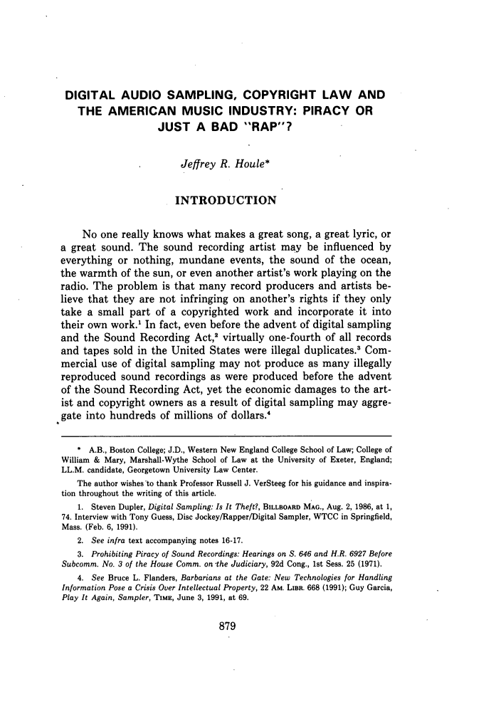 Digital Audio Sampling Copyright Law And The American Music