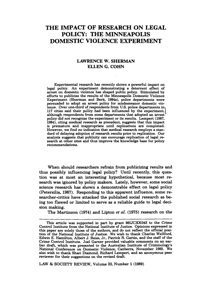The Impact of Research on Legal Policy The Minneapolis Domestic