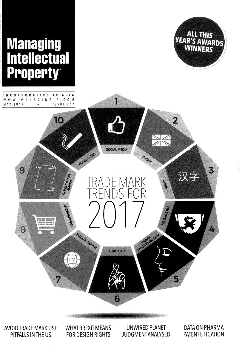 handle is hein.journals/manintpr267 and id is 1 raw text is: INCORPORATING  IP ASIAWWW.MANAGINGIP.CO   MMAY 2017  *    ISSUE 267TRADE MARKTRENDS FOR20 /17AVOID TRADE MARK USE  PITFALLS IN THE USWHAT BREXIT MEANSFOR DESIGN RIGHTS  UNWIRED PLANETJUDGMENTANALYSEDDATA ON PHARMAPATENT LITIGATION