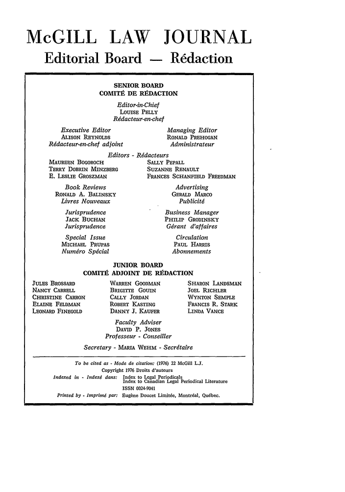 Editorial Board 22 Mcgill Law Journal 1976