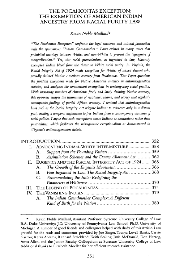 The Pocahontas Exception The Exemption of American Indian Ancestry