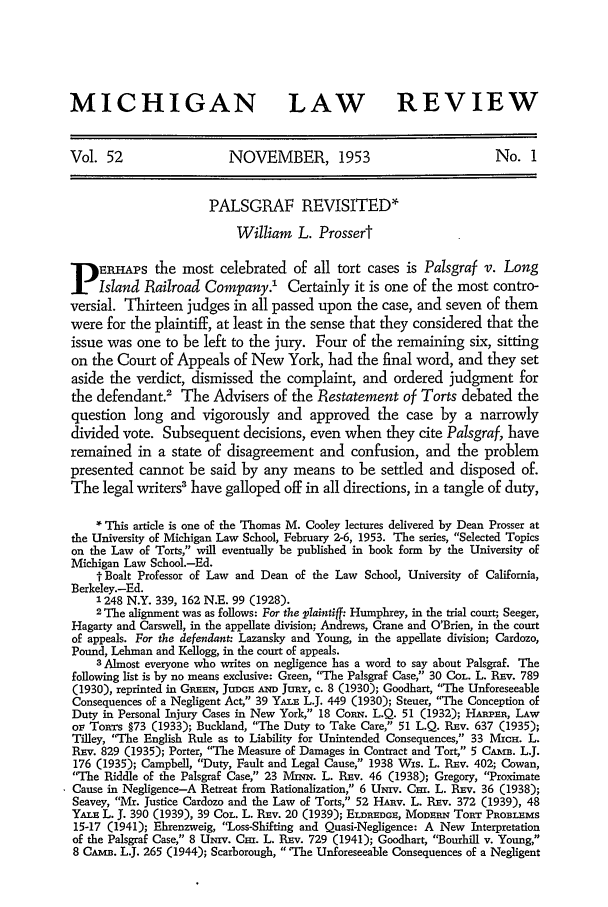 Palsgraf Revisited 52 Michigan Law Review 1953 1954