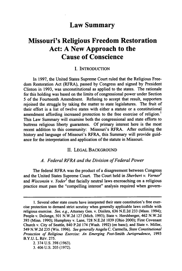 Missouri S Religious Freedom Restoration Act A New Approach To The Cause Of Conscience Law Summary 69 Missouri Law Review 2004