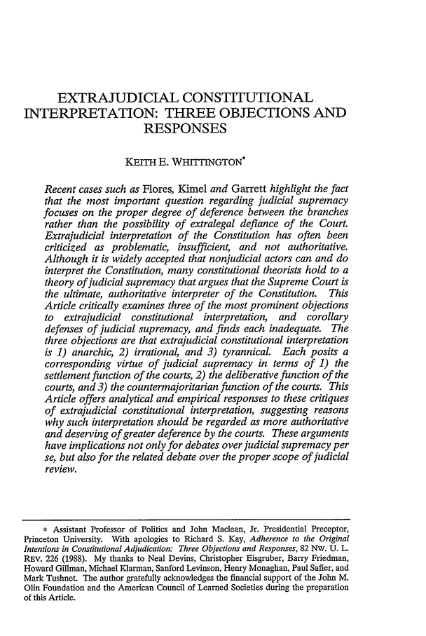 Extrajudicial Constitutional Interpretation: Three Objections and Extrajudicial Constitutional Interpretation: Three Objections and