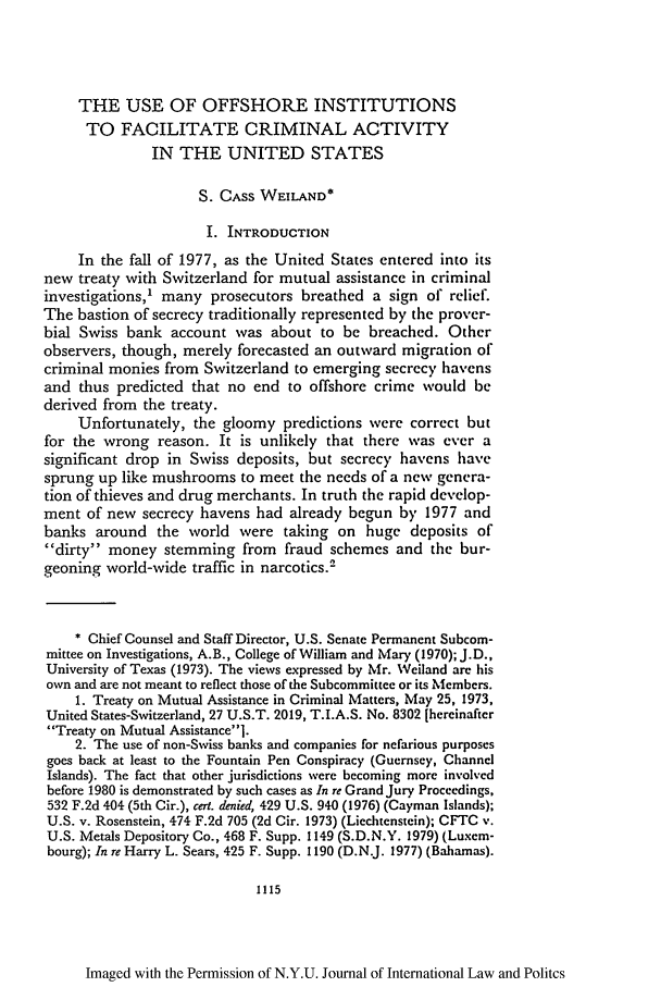 The Use Of Offshore Institutions To Facilitate Criminal