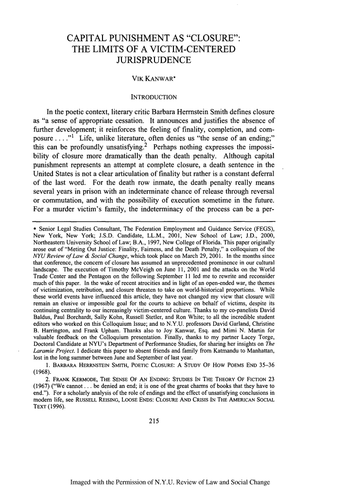 Capital Punishment As Closure The Limits Of A Victim Centered Jurisprudence 27 New York