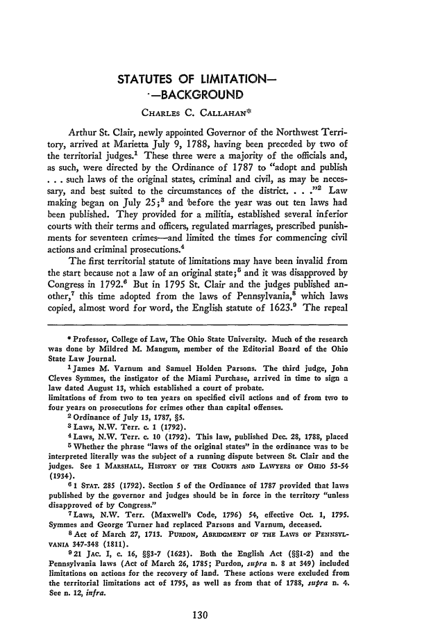 Statutes of LimitationBackground 16 Ohio State Law Journal 1955