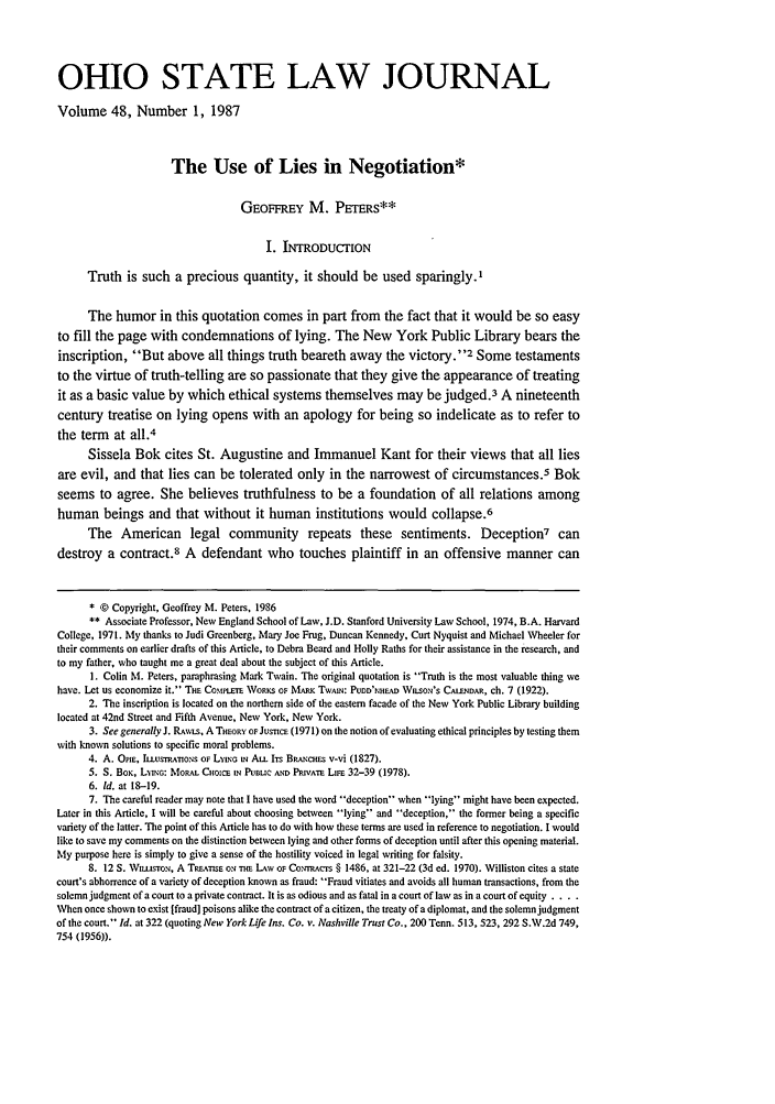 The Use of Lies in Negotiation 48 Ohio State Law Journal 1987