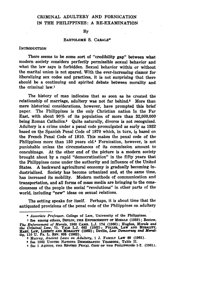 Criminal Adultery And Fornication In The Philippines A Re Examination 45 Philippine Law Journal