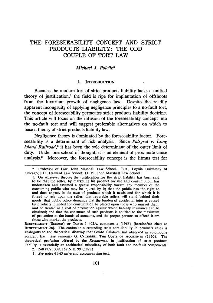 The Foreseeability Concept And Strict Products Liability