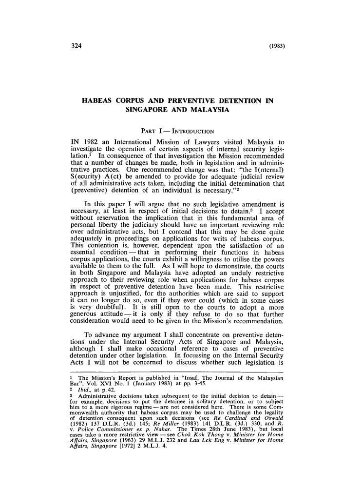 Habeas Corpus And Preventive Detention In Singapore And Malaysia 25 Malaya Law Review 1983