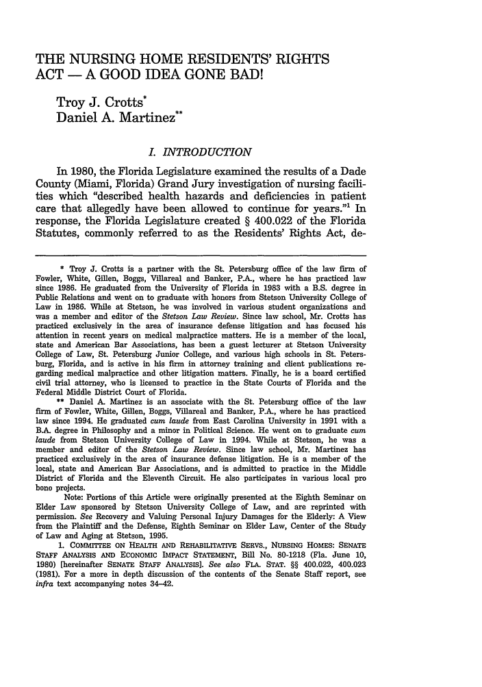 Nursing Home Residents Rights Act A Good Idea Gone Bad The Elder Law Symposium 26 Stetson Law