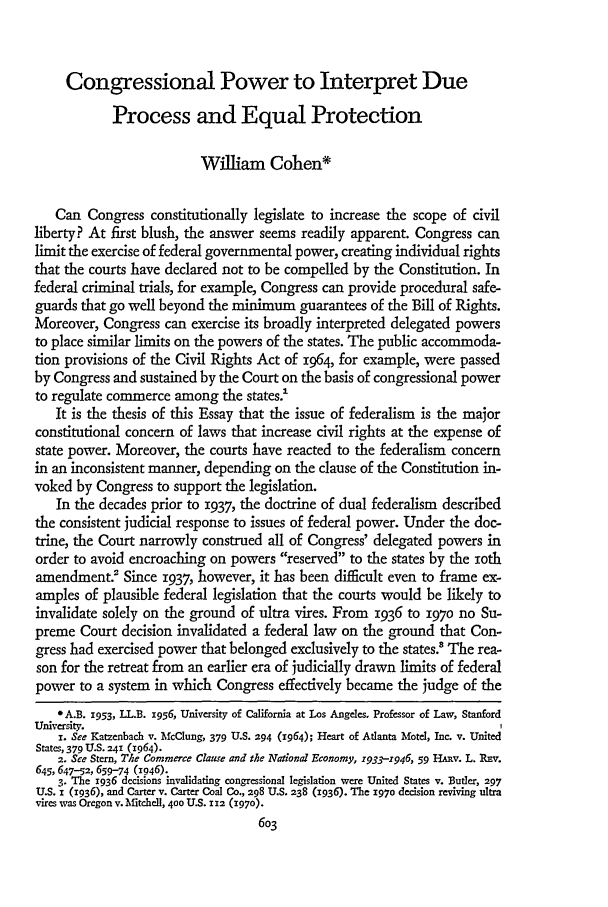 Congressional Power To Interpret Due Process And Equal