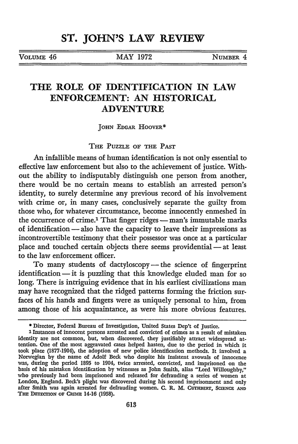 The Role of Identification in Law Enforcement An Historical Adventure