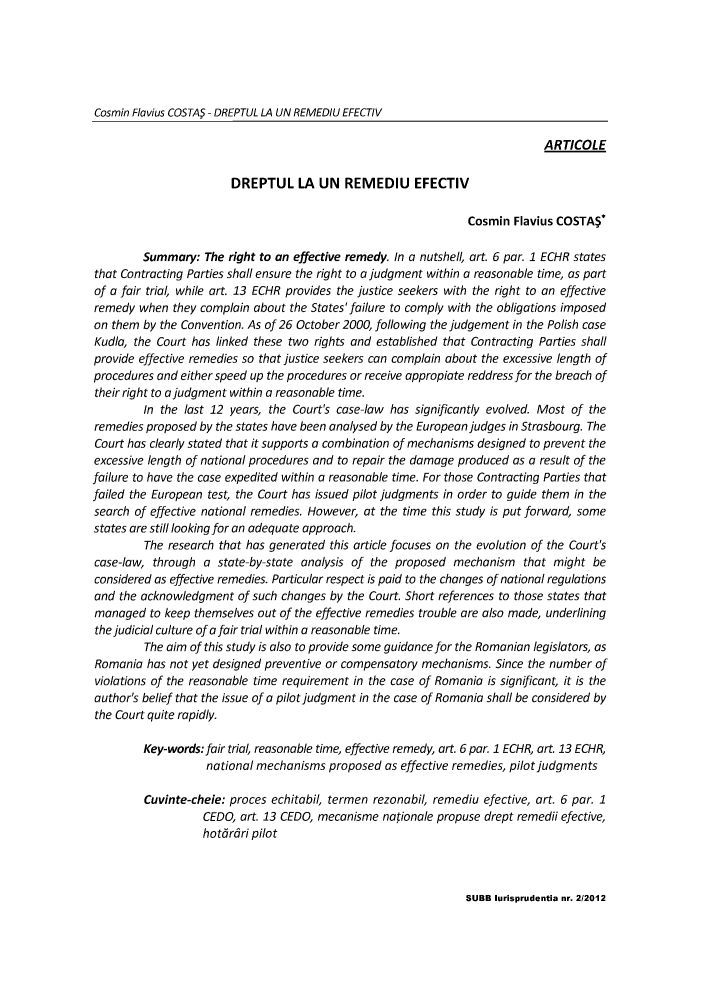 Dreptul La Un Remediu Effectiv Articole 2012 Studia Universitatis Babes Bolyai Jurisprudentia 2012