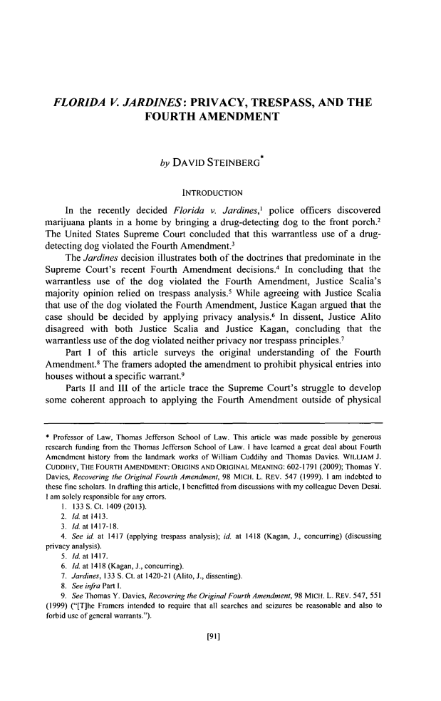 Florida V Jardines Privacy Trespass And The Fourth Amendment 23 Temple Political Amp Civil