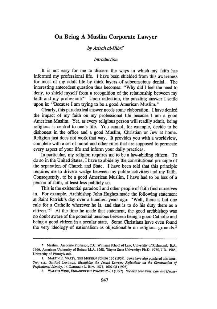 On Being a Muslim Corporate Lawyer Essay 11 Texas Tech Law ... On Being a Muslim Corporate Lawyer Essay 11 Texas Tech Law ...