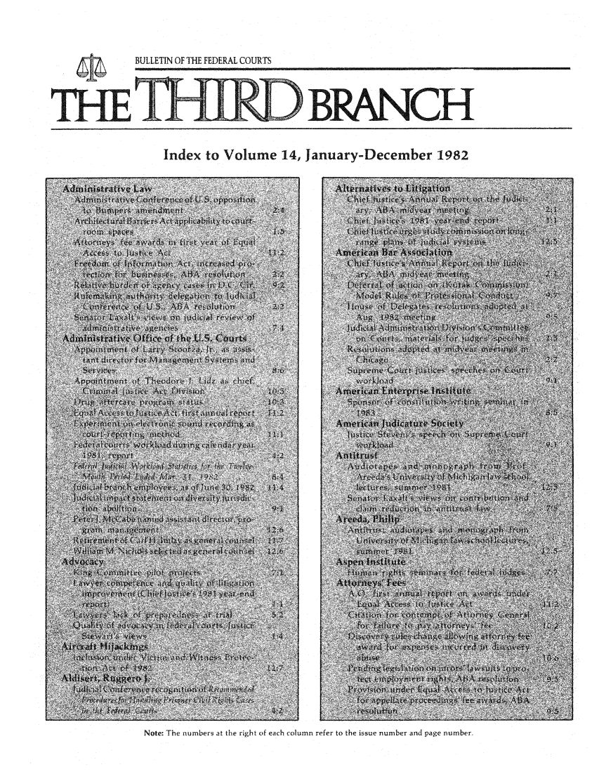 handle is hein.journals/thirdbran14 and id is 1 raw text is: BULLETIN OF THE FEDERAL COURTSGTHENote: The numbers at the right of each column refer to the issue number and page number.H1 BRANCrCmrIndex to Volume 14, January-December 1982