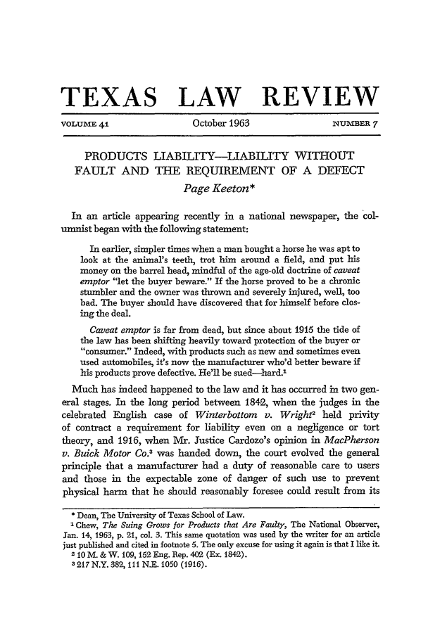 Products Liability Liability Without Fault And The