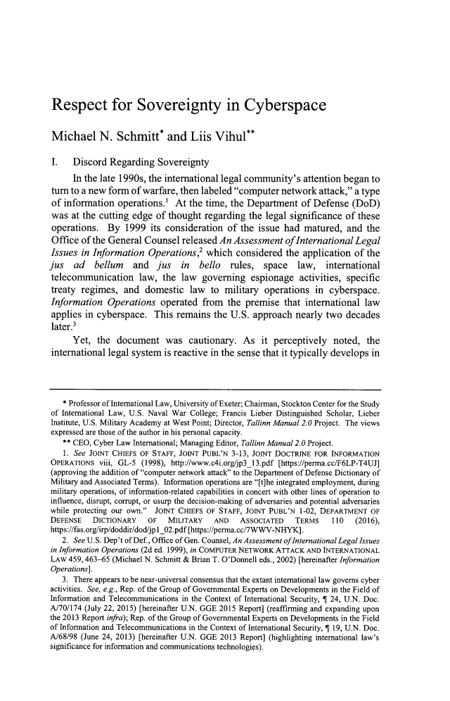 Respect For Sovereignty In Cyberspace Symposium Tallinn Manual