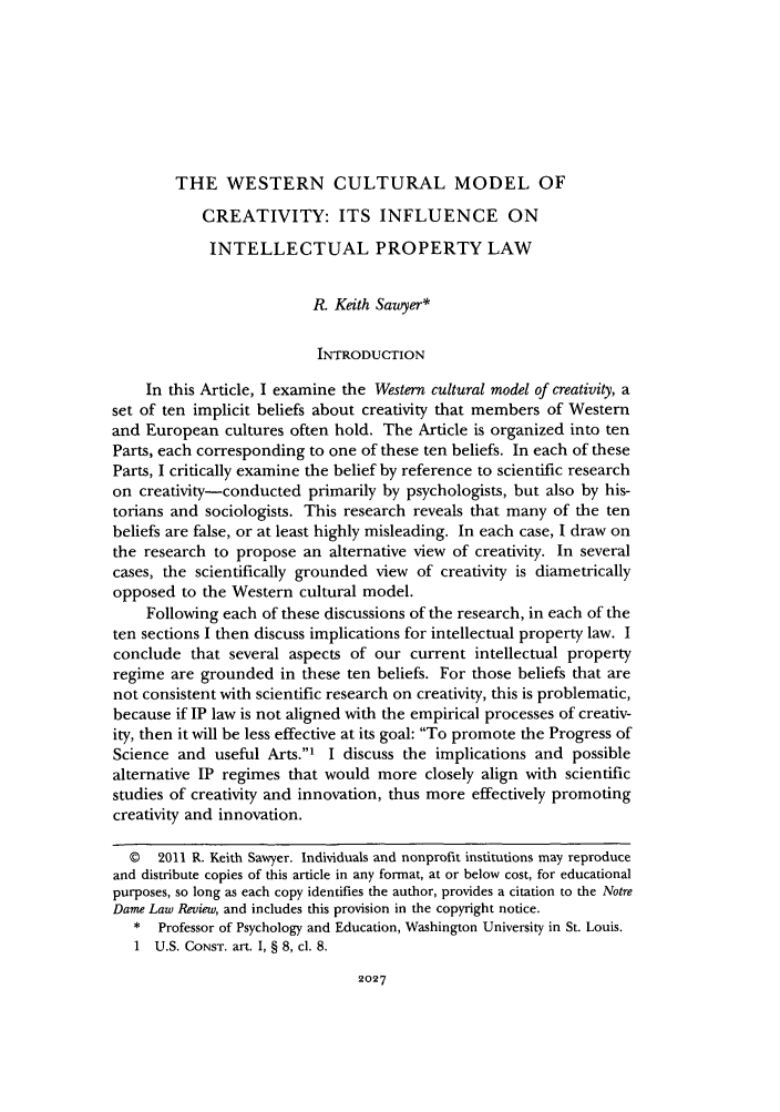 The Western Cultural Model Of Creativity Its Influence On Intellectual Property Law Symposium Creativity And The Law 86 Notre Dame Law Review 11
