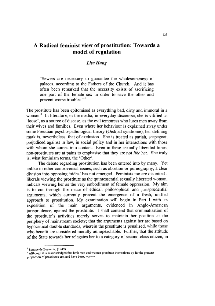 Prostitution: A Radical Feminist Analysis Prostitution: A Radical Feminist Analysis