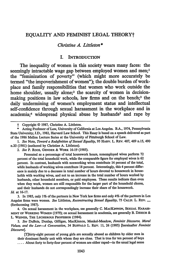 Equality And Feminist Legal Theory Essay 48 University Of Pittsburgh Law Review 1986 1987
