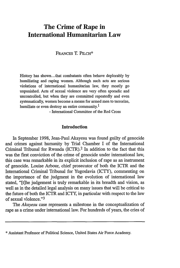 The Crime Of Rape In International Humanitarian Law 9 United States Air Force Academy Journal Of Legal Studies 1998 1999