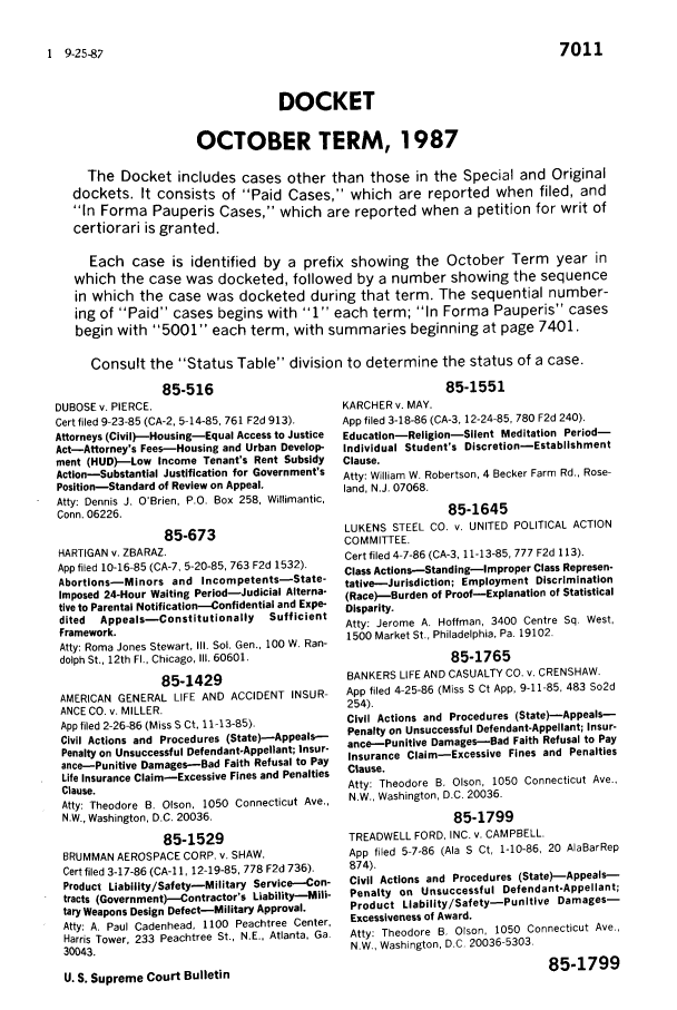 October Term 1987 Docket 1987 1988 Vol 2 United States Supreme Court Bulletin 1987 1988