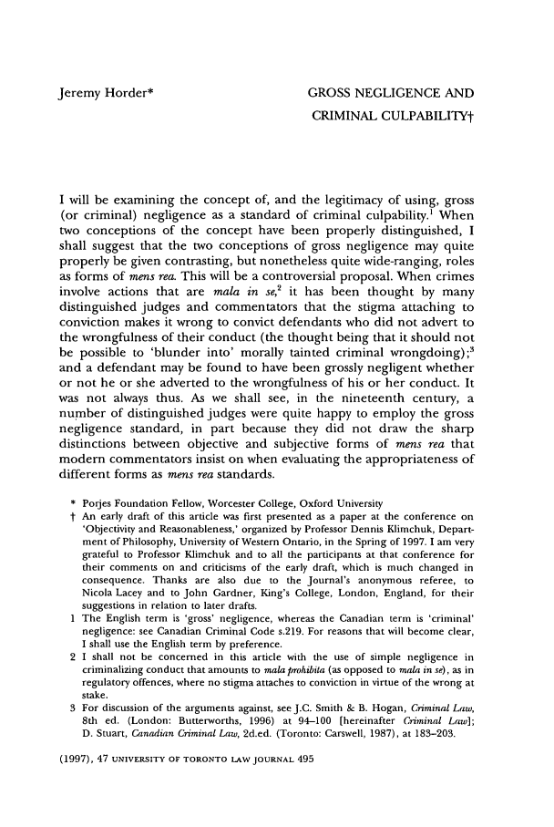 Gross Negligence and Criminal Culpability 47 University of Toronto Law