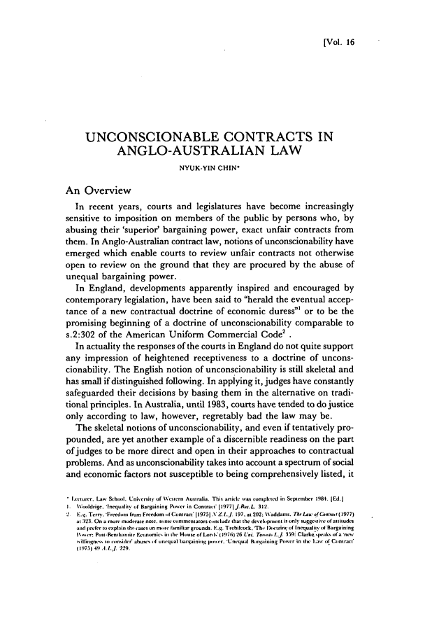 Unconscionable Contracts In Anglo Australian Law 16 University Of