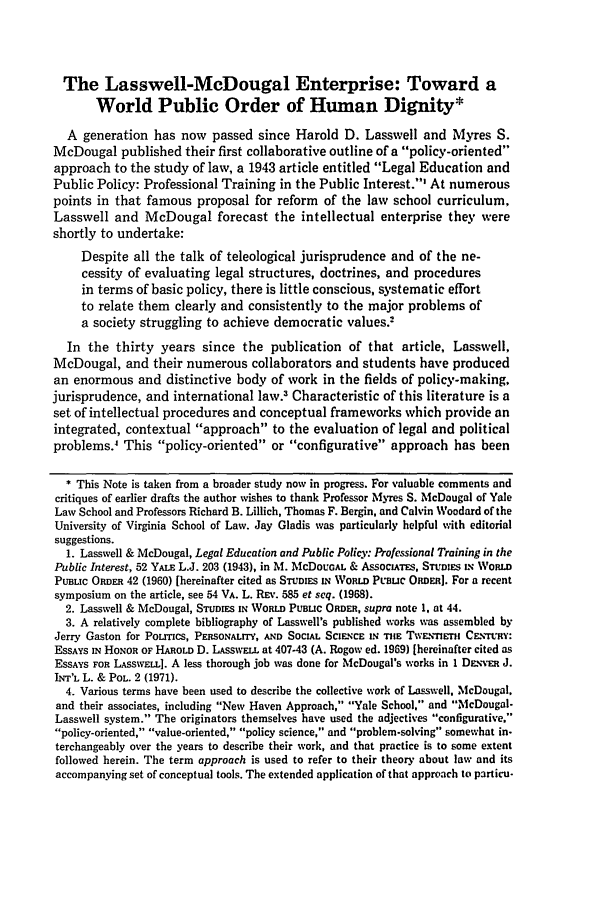 The LasswellMcDougal Enterprise Toward a World Public Order of Human