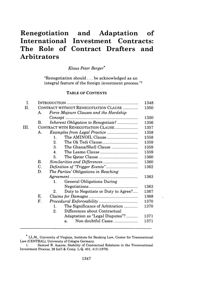 Renegotiation And Adaption Of International Investment