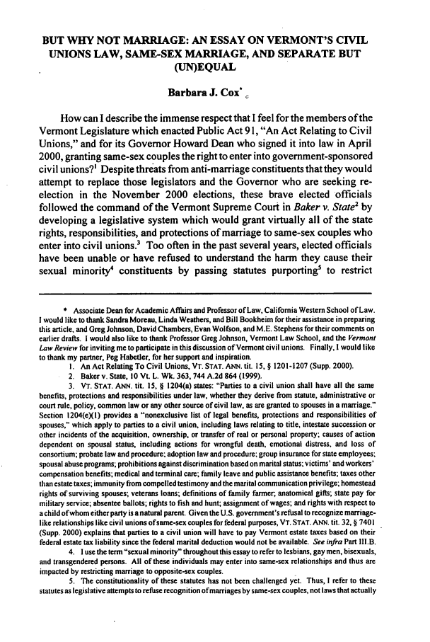 But Why Not Marriage An Essay on Vermont s Civil Unions  But Why Not Marriage An Essay on Vermont s Civil Unions