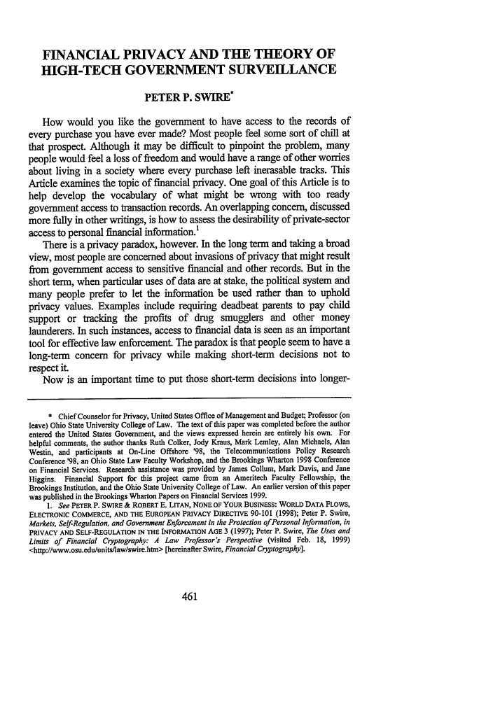 Financial Privacy And The Theory Of High Tech Government