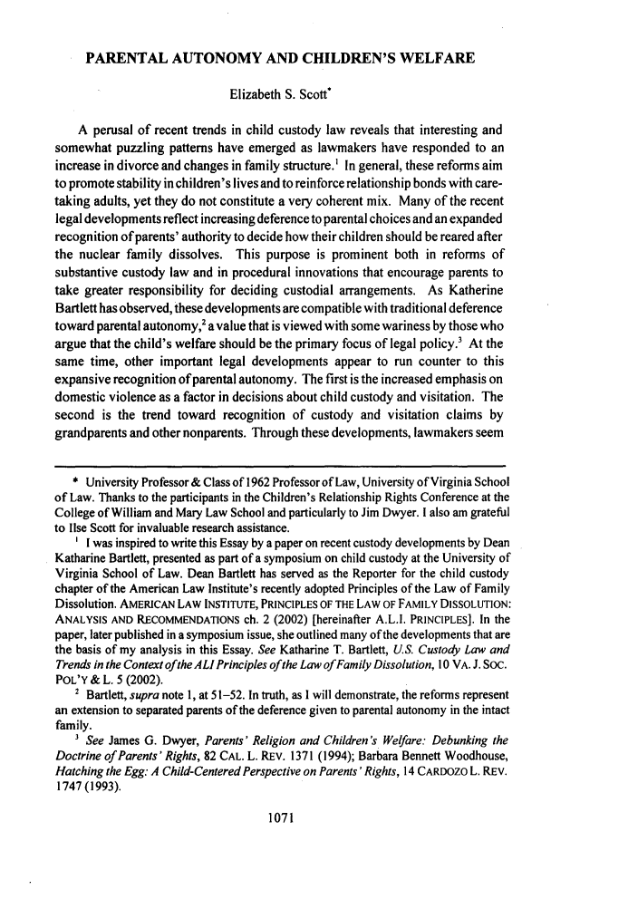 Parental Autonomy and Children's Welfare Symposium The Relationship