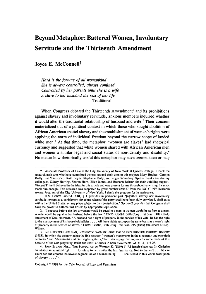 Beyond Metaphor Battered Women, Involuntary Servitude and the