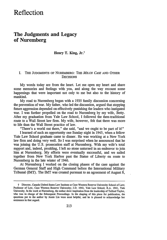 The Judgments and Legacy of Nuremberg Reflection 22 Yale Journal of
