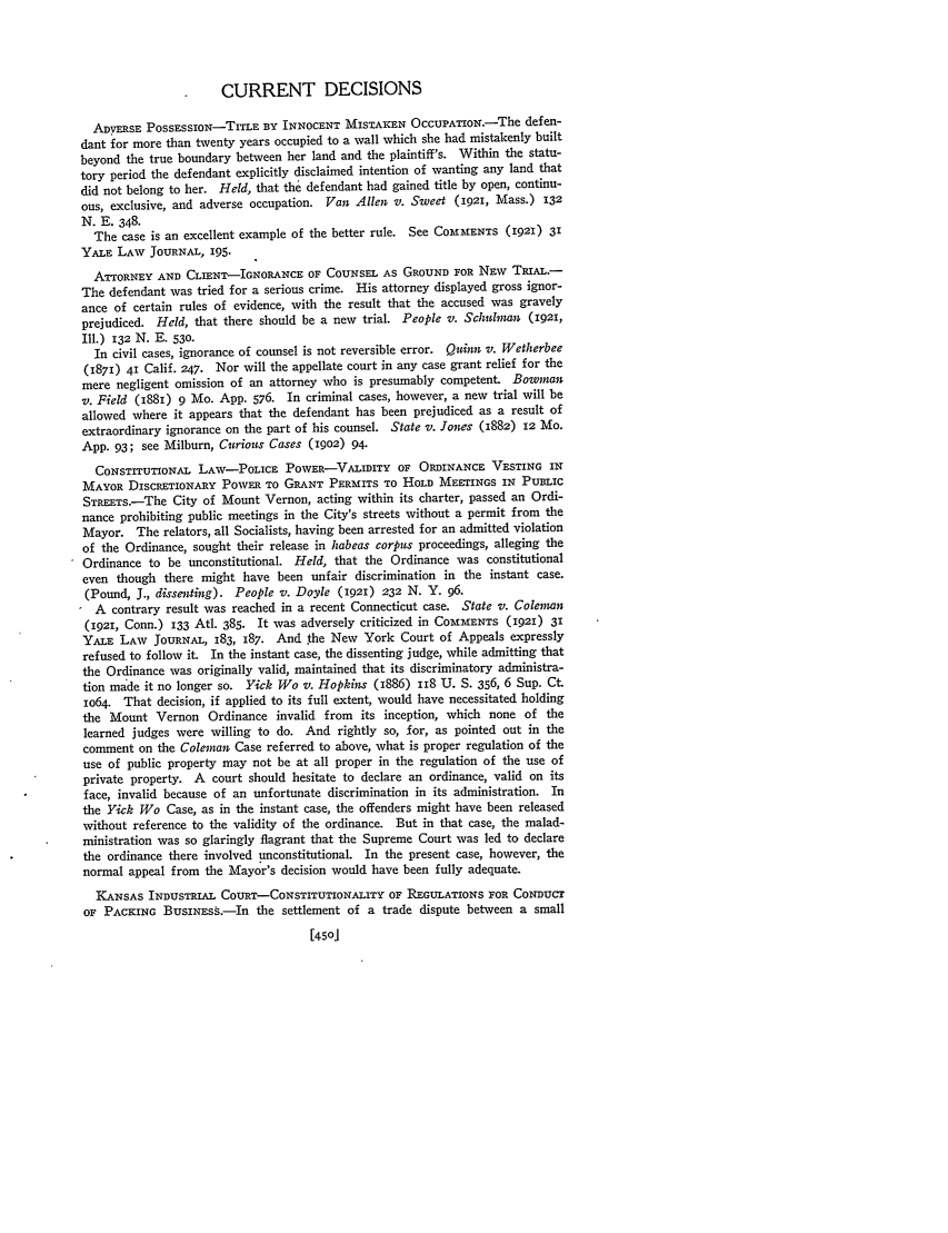 Current Decisions 31 Yale Law Journal 1921-1922