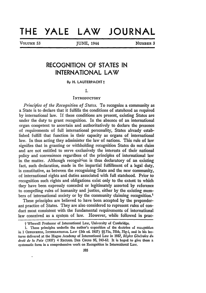 Recognition of States in International Law 53 The Yale Law Journal 1943