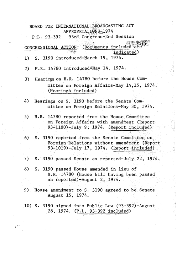 handle is hein.leghis/lhbibaa0001 and id is 1 raw text is: 



  BOARD FOR INTERNATIONAL.BROADCASTING ACT
               APPROPRIATIONS-1974
   P.L. 93-392   93rd Congress-2nd Session

CONGRESSIONAL ACTION: (Documents included  r
                                  indicated)
1)  S. 3190 introduced-March 19, 1974.

2)  H.R. 14780 introduced--May 14, 1974.

3)  Hearigs on H.R. 14780 before the House Com-
         mittee on Foreign Affairs-May 14,15, 1974.
         (Hearings included)

4)  Hearings on S. 3190 before the Senate Com-
         mittee on Foreign Relations-May 30, 1974.

5)  H.R. 14780 reported from the House Committee
         on Foreign Affairs with amendment (Report
         93-1180)-July 9, 1974. (Rdport included)

6)  S. 3190 reported from the Senate Committee on,
         Foreign Relations without amendment (Report
         93-1019)-July 17, 1974. (Report included)

7)  S. 3190 passed Senate as reported-July 22, 1974.

8)  S. 3190 passed House amended in lieu of
         H.R. 14780 (House bill having been passed
         as reported)-August 2, 1974.

9)  House amendment to S. 3190 agreed to be Senate-
         August 15, 1974.

10) S. 3190 signed into Public Law (93-392)-August
         28, 1974. (P.L. 93-392 included)


